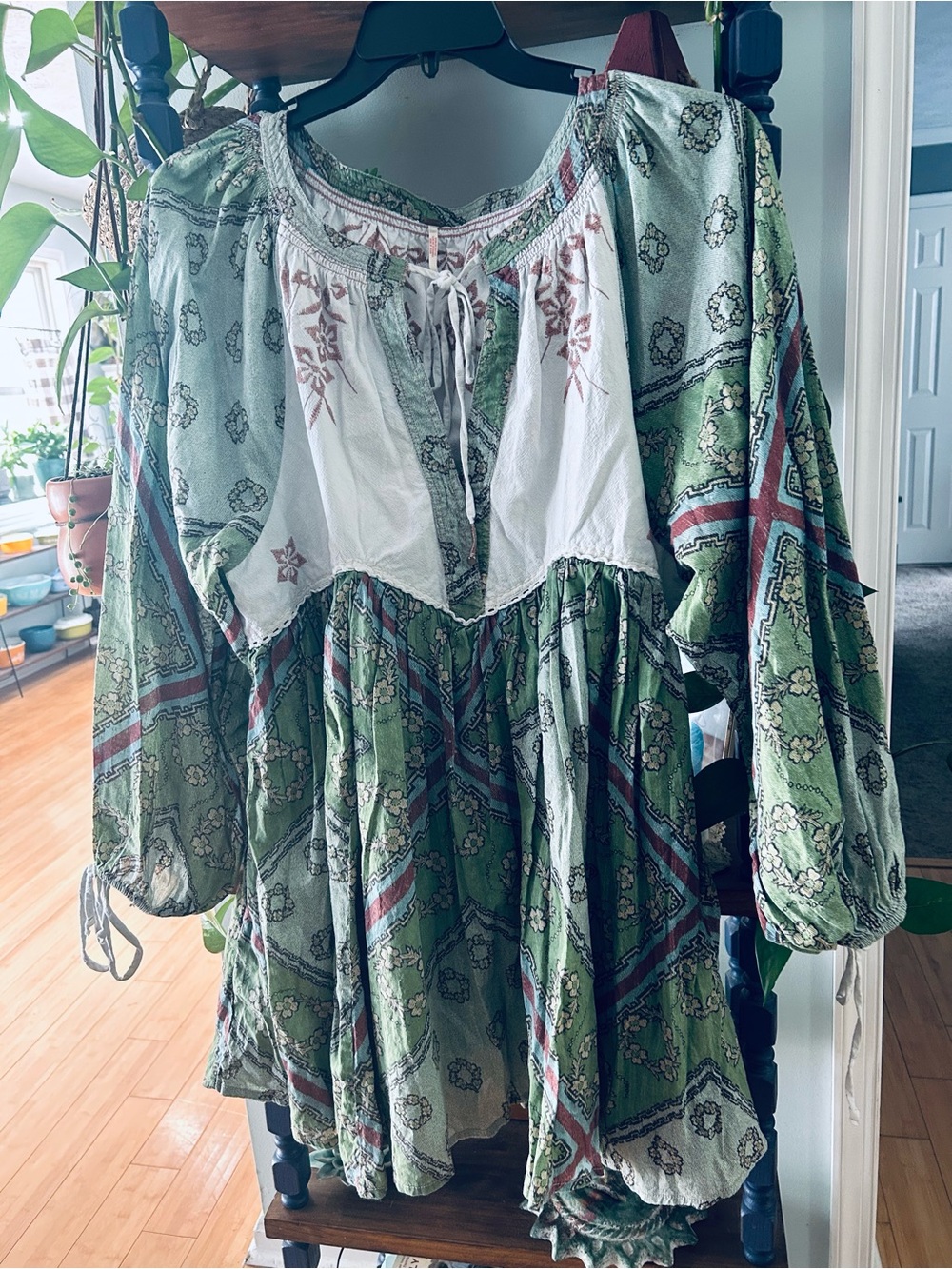 Free People Green and White Boho Printed Peasant Dress
